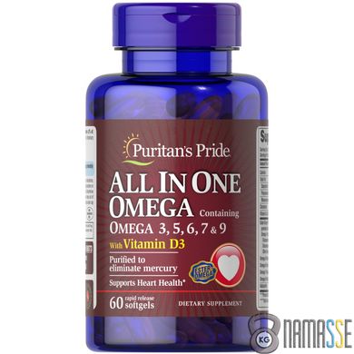 Puritan's Pride All In One Omega 3, 5, 6, 7 & 9 with Vitamin D3, 60 капсул
