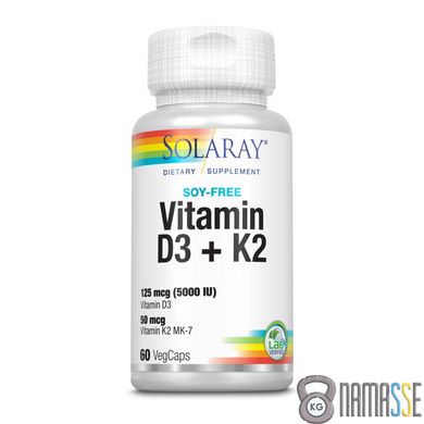 Solaray Vitamin D3 + K2 Soy Free, 60 вегакапсул