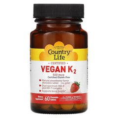 Country Life Vegan K2 500 mcg, 60 жувальних таблеток Полуниця