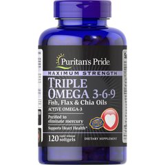 Puritan's Pride Triple Omega 3-6-9 Fish, Flax & Chia Oils Maximum Strength, 120 капсул