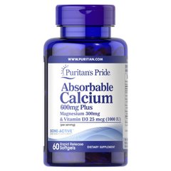 Puritan's Pride Absorbable Calcium 600 mg plus Magnesium 300 mg Vitamin D 1000 UI , 60 капсул