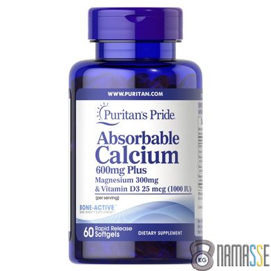 Puritan's Pride Absorbable Calcium 600 mg plus Magnesium 300 mg Vitamin D 1000 UI , 60 капсул