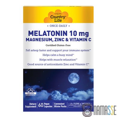 Country Life Melatonin 10 mg Magnesium, Zinc & Vitamin C, 60 вегакапсул